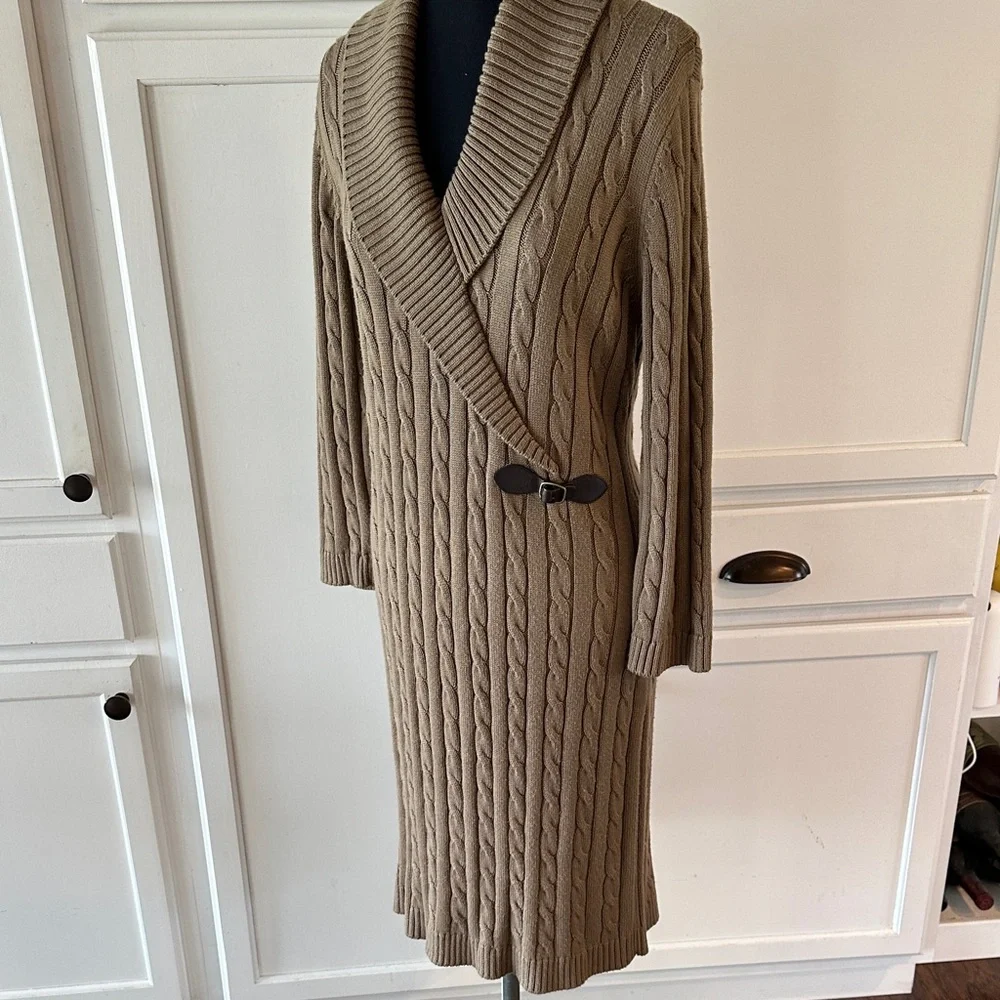 Calvin Klein Cable Knit Shawl Collar Sweater Dress with Brown Buckle Detail - Picture 3 of 8